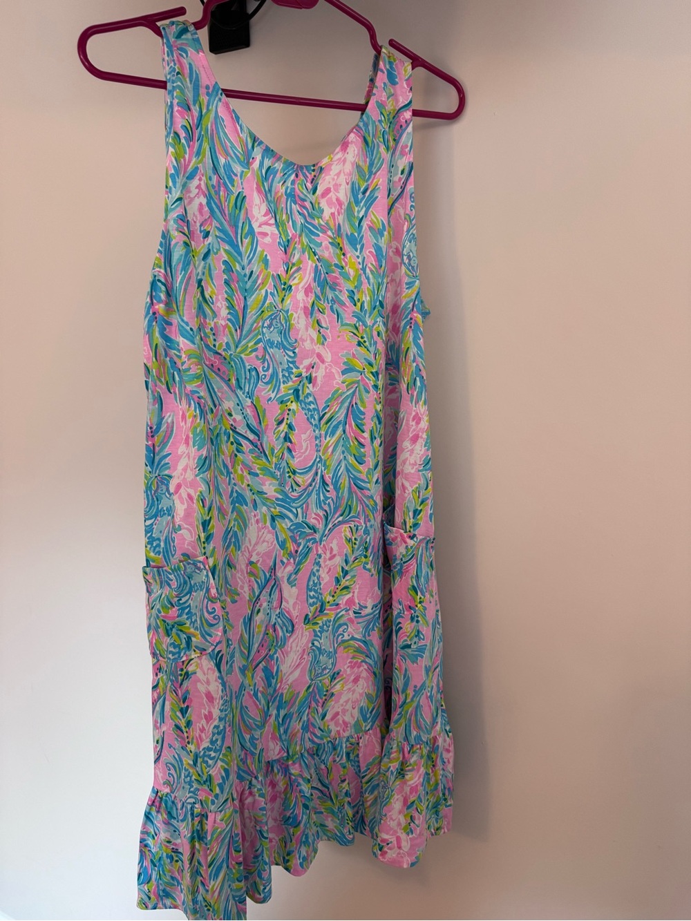 Lilly Pulitzer Pink Tropical Leaf Sleeveless Ruffle-Hem Dress